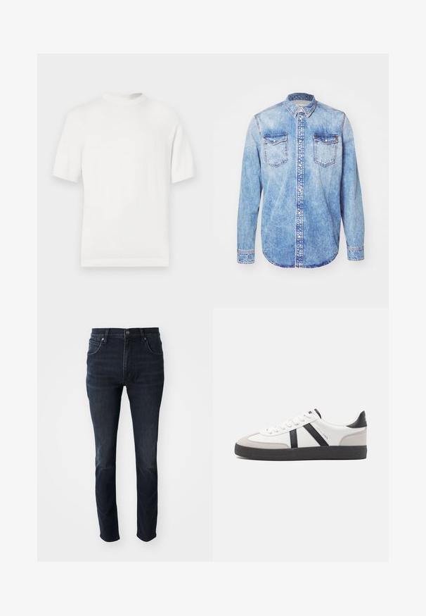Hvid kortærmet strik t-shirt med rund halsudskæring, der har en glat overflade og ribbede detaljer ved kraven og kanten.; Lysblå denimskjorte med lange ærmer, knap-ned krave, to brystlommer og kontrastsyetning. Rundet kant og klassisk pasform.; Mørkeblå denimjeans med lige ben, fem-lomme design og en subtil falmeeffekt på lårene, med metalknaplukning.; Hvide sneakers med sorte og grå detaljer, med en tekstureret grå tåhætte, sort gummisål og flade hvide snørebånd. Rent design, minimalistisk stil.