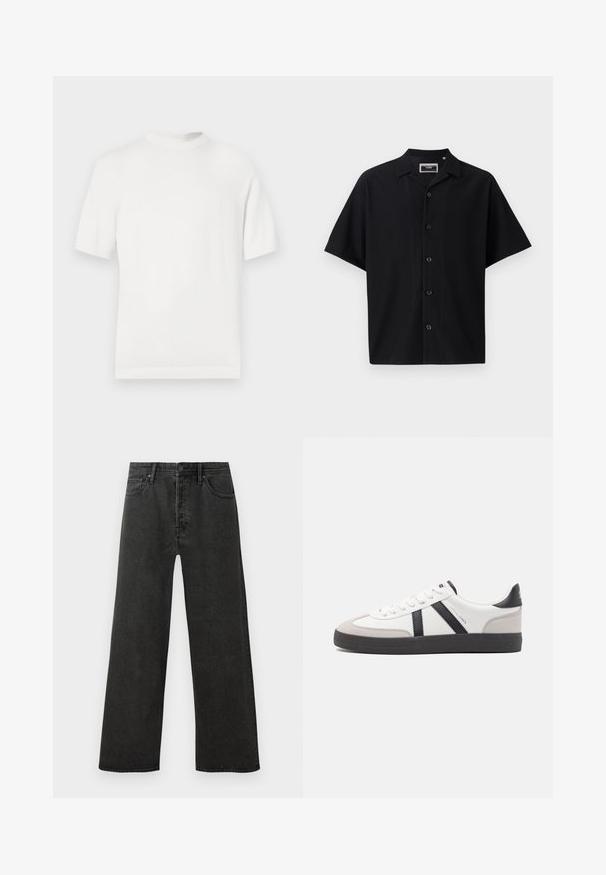 T-shirt en tricot blanc à manches courtes avec un col rond, présentant une texture lisse et des accents côtelés au niveau du col et de l'ourlet.; Chemise noire à manches courtes avec un design côtelé texturé, dotée d'un col et de cinq boutons à l'avant, fabriquée à partir d'un tissu lisse.; Jeans en denim noirs taille haute à coupe droite avec bouton à l'avant, fermeture éclair et design à cinq poches sur fond blanc.; Baskets blanches avec des accents noirs et gris, présentant un embout texturé gris, une semelle en caoutchouc noir et des lacets plats blancs. Design épuré, style minimaliste.