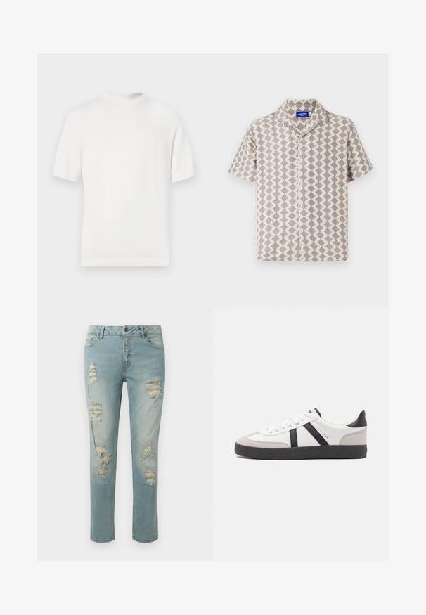 Witte korte mouwen gebreide t-shirt met een ronde halslijn, met een gladde textuur en ribbelaccenten op de kraag en de zoom.; Korte mouwen shirt in beige en grijze stof dat voorzien is van een geometrisch patroon, een gestructureerd oppervlak en een notch-kraag met knoopsluiting.; Lichtblauwe verweerde jeans met gescheurde details en rafelige randen. Klassiek vijf-pocket ontwerp en een rechte pijp.; Witte sneaker met zwarte en grijze accenten, voorzien van een grijze neus met textuur, zwarte rubberen zool en platte witte veters. Schoon ontwerp, minimalistische stijl.
