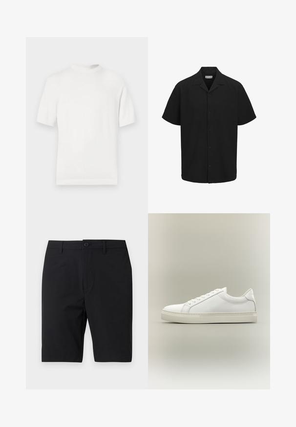T-shirt en tricot blanc à manches courtes avec un col rond, présentant une texture lisse et des accents côtelés au niveau du col et de l'ourlet.; Chemise noire à manches courtes, boutonnée, avec col et ourlet droit, présentée sur fond blanc.; Short noir longueur genou, coupe ajustée, avec passants de ceinture et fermeture par un seul bouton, présenté sur fond blanc uni.; Baskets blanches basses à lacets sur l’avant et semelle épaisse, vues de côté sur un fond neutre.