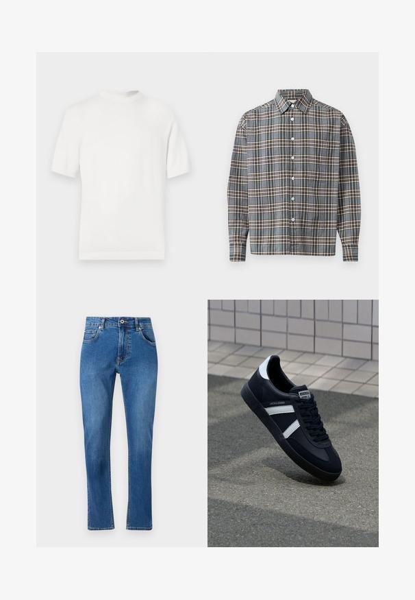 Camiseta de punto blanca de manga corta con cuello redondo, que presenta una textura suave y acentos de canalé en el cuello y el dobladillo.; Camisa de manga larga con botones en un patrón de cuadros azul, marrón y beige, y un bolsillo en el pecho sobre un fondo claro.; Jeans de mezclilla azul con diseño de pierna recta, cinco bolsillos y detalles de costura visibles. El material muestra un ligero desvanecimiento. Estilo clásico.; Zapatilla de cuero negra con rayas blancas, suela de goma texturizada y parte frontal con cordones. Cuenta con una etiqueta de marca en la lengüeta.