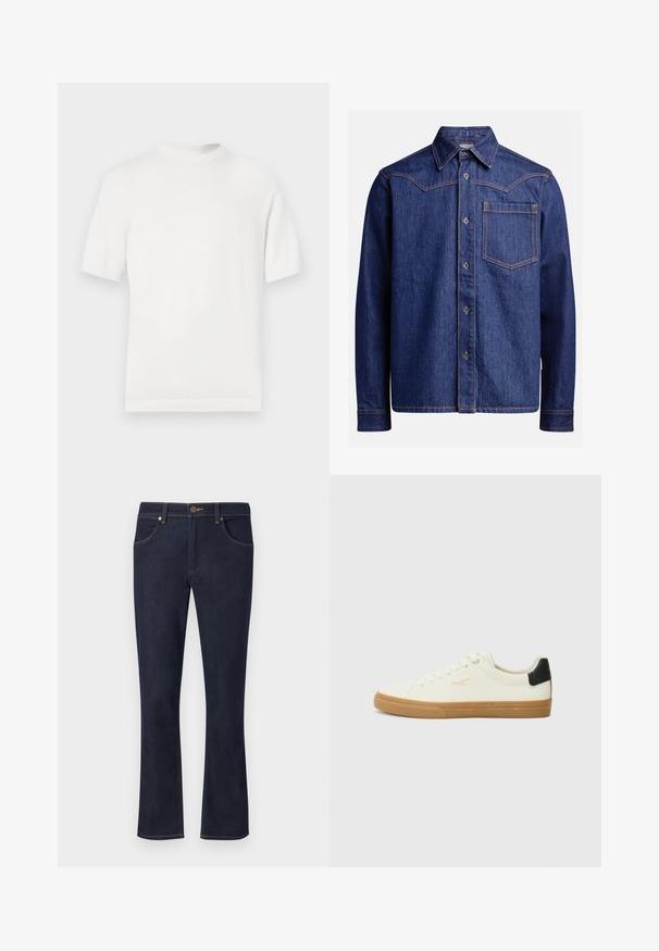 T-shirt en tricot blanc à manches courtes avec un col rond, présentant une texture lisse et des accents côtelés au niveau du col et de l'ourlet.; Chemise en denim bleu foncé à manches longues, avec col pointu, fermeture à boutons, poche poitrine et coutures orange contrastantes.; Jean en denim bleu foncé avec jambes droites, fermeture à boutons sur le devant, passants de ceinture et poches avant sur un fond clair uni.; Sneaker en toile blanche avec une semelle en gomme, accent au talon noir, bout rond et design à lacets. Présente le logo de la marque en doré sur le côté.