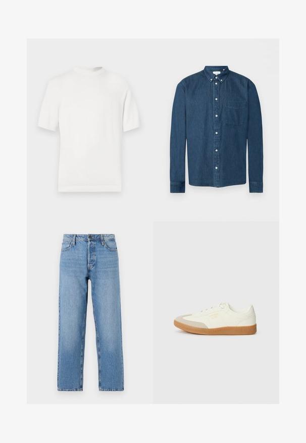 Hvid kortærmet strik t-shirt med rund halsudskæring, der har en glat overflade og ribbede detaljer ved kraven og kanten.; Mørkeblå denimskjorte med knapper, lange ærmer, en forlommer til venstre og en knaplukket krave, vist på en hvid baggrund.; Lyseblå denimjeans med lige ben, der har en knap- og lynlås lukning, fem lomme-stil og subtilt slid.; Sneaker lavet af hvid læder med en beige tåhætte og let brunt gummisål. Har flade hvide snørebånd og prægede branding på siden.