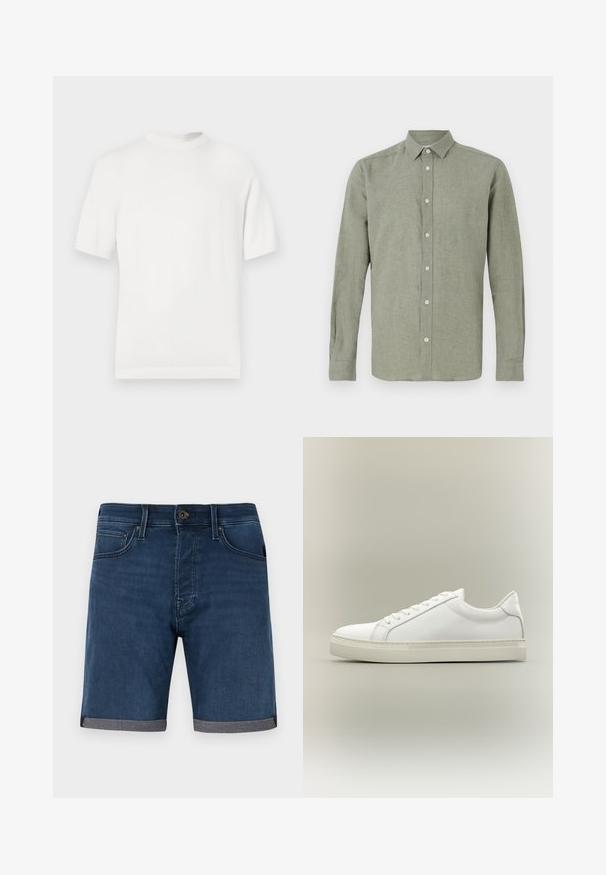 Witte korte mouwen gebreide t-shirt met een ronde halslijn, met een gladde textuur en ribbelaccenten op de kraag en de zoom.; Lange mouwen, geknoopte blouse in lichtgroen, gemaakt van structuurstof, met een volledige knoopsluiting en een rechte zoom.; Donkerblauwe denim shorts met opgerolde boorden, knoopsluiting aan de voorkant, rits, en voorzakken tegen een effen lichte achtergrond.; Witte lage sneaker met veters aan de voorkant en dikke zool, zijaanzicht tegen een neutrale achtergrond.