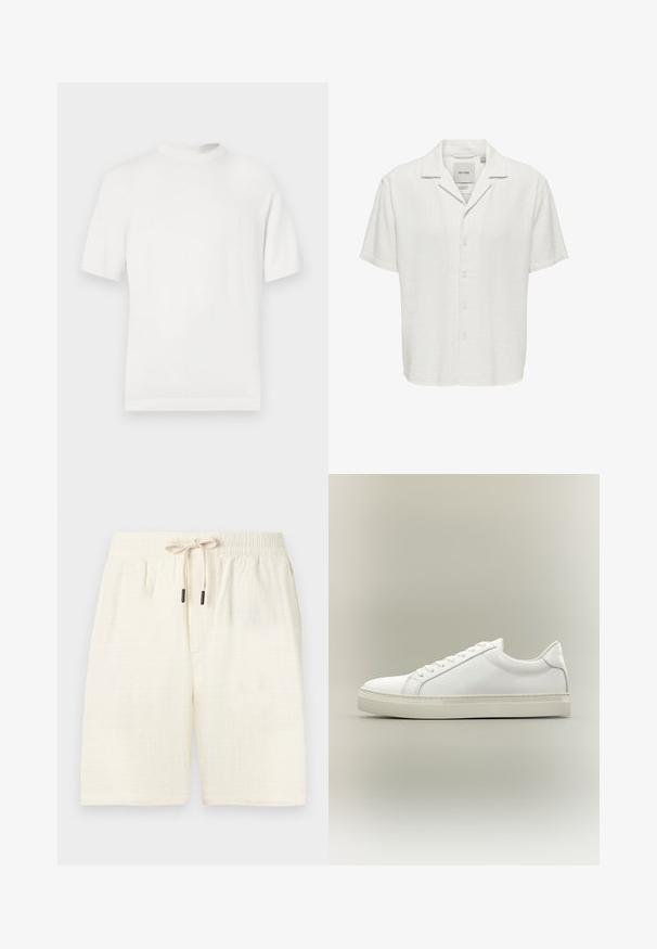 T-shirt en tricot blanc à manches courtes avec un col rond, présentant une texture lisse et des accents côtelés au niveau du col et de l'ourlet.; Chemise blanche à manches courtes à boutons, col camp et tissu texturé, portant l'étiquette "Only & Sons" à l’intérieur du col.; Shorts de couleur crème en tissu texturé avec un motif à carreaux. Équipés d'une taille élastique avec un cordon de serrage et de deux poches latérales.; Baskets blanches basses à lacets sur l’avant et semelle épaisse, vues de côté sur un fond neutre.