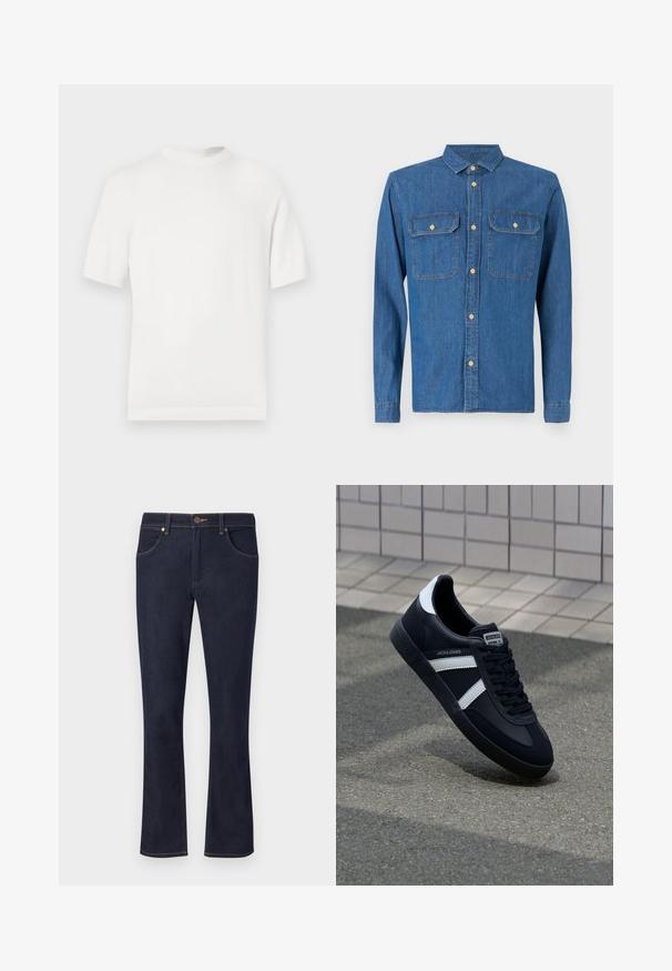 Hvid kortærmet strik t-shirt med rund halsudskæring, der har en glat overflade og ribbede detaljer ved kraven og kanten.; Denim skjorte i mørkeblå, langærmet med knapmanchetter, spids krave, to brystlommer og frontknaplukning med guldfarvet hardware.; Mørkeblå denimjeans med lige ben, frontknaplukning, bæltestropper og forlommer på ensartet lys baggrund.; Sort lædersneaker med hvide striber, tekstureret gummisål og snørrebånd foran. Har et brandet mærke på tungen.