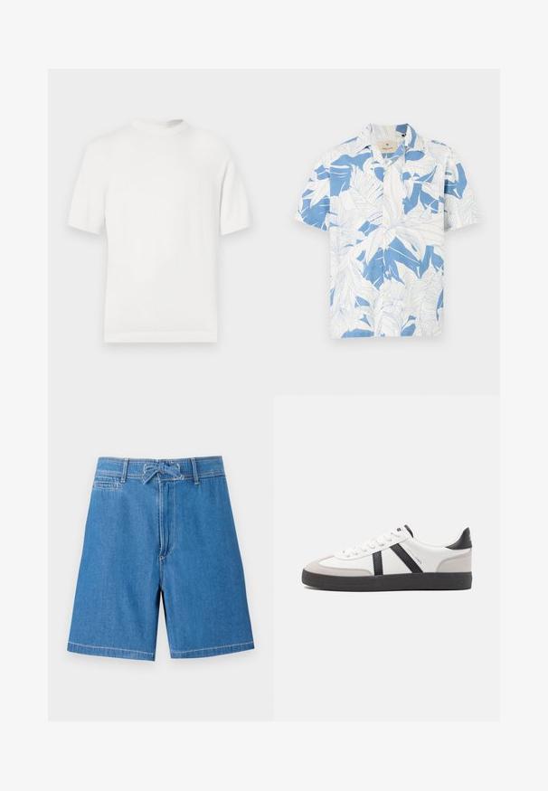 T-shirt en tricot blanc à manches courtes avec un col rond, présentant une texture lisse et des accents côtelés au niveau du col et de l'ourlet.; Chemise à manches courtes avec un imprimé de feuilles tropicales blanches et bleues, fabriquée en tissu léger. Dispose d'un col classique et d'une fermeture à boutons.; Shorts en denim bleu clair avec une taille élastique à cordon de serrage, poches avant et coutures contrastées. Design classique, coupe au genou.; Baskets blanches avec des accents noirs et gris, présentant un embout texturé gris, une semelle en caoutchouc noir et des lacets plats blancs. Design épuré, style minimaliste.