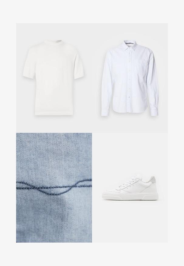 Weißes kurzärmliges Strick-T-Shirt mit rundem Halsausschnitt, das eine glatte Textur und Rippenelemente am Kragen und Saum aufweist.; Weißes Langarmhemd mit hellblauen vertikalen Streifen. Mit Knopfleiste, einer einzelnen Brusttasche und einem kleinen Markenlabel auf der Tasche.; Hellblauer Denim-Stoff mit einer sichtbaren, geschwungenen Naht. Die Textur wirkt glatt, mit gleichmäßigen Stichen in dunkelblauer Fadenfarbe.; Weiße Leder-Sneaker mit glatter Oberfläche, rundem Zehenbereich, flachen Schnürsenkeln und strukturiertem Schuhsohlen. Graues Wildleder-Detail an der Ferse.
