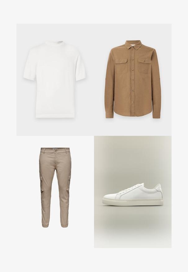 T-shirt en tricot blanc à manches courtes avec un col rond, présentant une texture lisse et des accents côtelés au niveau du col et de l'ourlet.; Chemise marron à manches longues avec boutons, col et deux poches poitrine devant, présentée sur un fond gris clair uni.; Pantalon cargo beige à coupe slim avec poches à rabat latérales, fermeture par boutons, passants pour ceinture et poignets élastiques aux chevilles.; Baskets blanches basses à lacets sur l’avant et semelle épaisse, vues de côté sur un fond neutre.