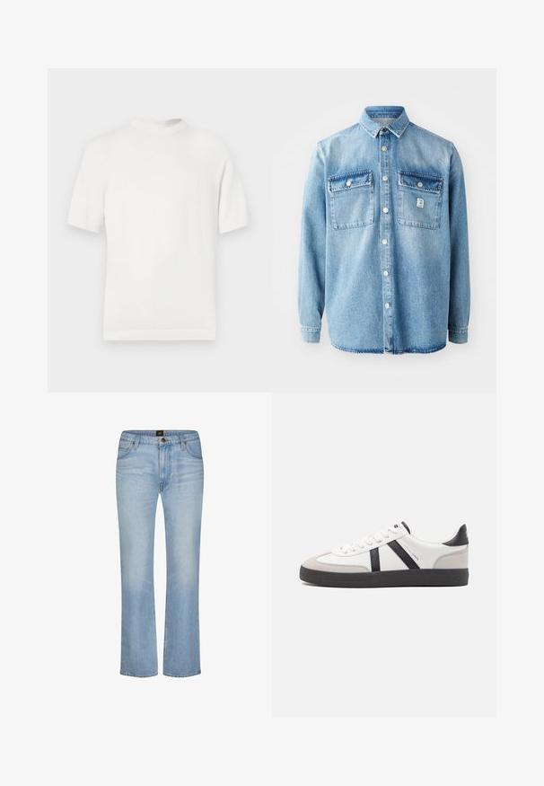 Witte korte mouwen gebreide t-shirt met een ronde halslijn, met een gladde textuur en ribbelaccenten op de kraag en de zoom.; Lichtblauwe denim shirt met lange mouwen, puntkraag, twee borstzakken en een knoopsluiting aan de voorkant. Bevat subtiele stofstructuur en stikdetails.; Lichtblauwe rechte spijkerbroek met voorzakken, riemlussen, ritssluiting en een merkknopsluiting in de taille.; Witte sneaker met zwarte en grijze accenten, voorzien van een grijze neus met textuur, zwarte rubberen zool en platte witte veters. Schoon ontwerp, minimalistische stijl.