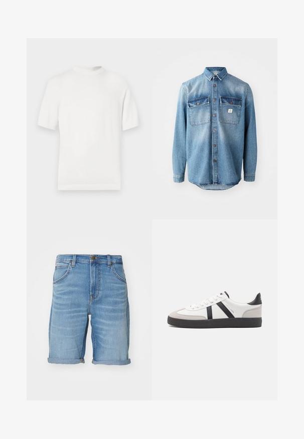 Camiseta de punto blanca de manga corta con cuello redondo, que presenta una textura suave y acentos de canalé en el cuello y el dobladillo.; Camisa de mezclilla azul claro con mangas largas, dos bolsillos en el pecho, cierre de botones en la parte delantera y los bordes de los bolsillos de un color más oscuro. Presenta un dobladillo redondeado.; Shorts de mezclilla de color azul claro con un ajuste relajado, dobladillo vuelto, bolsillos frontales y un diseño clásico de cinco bolsillos con costuras en contraste.; Zapatilla blanca con acentos en negro y gris, que presenta una puntera texturizada en gris, suela de goma negra y cordones planos blancos. Diseño limpio, estilo minimalista.