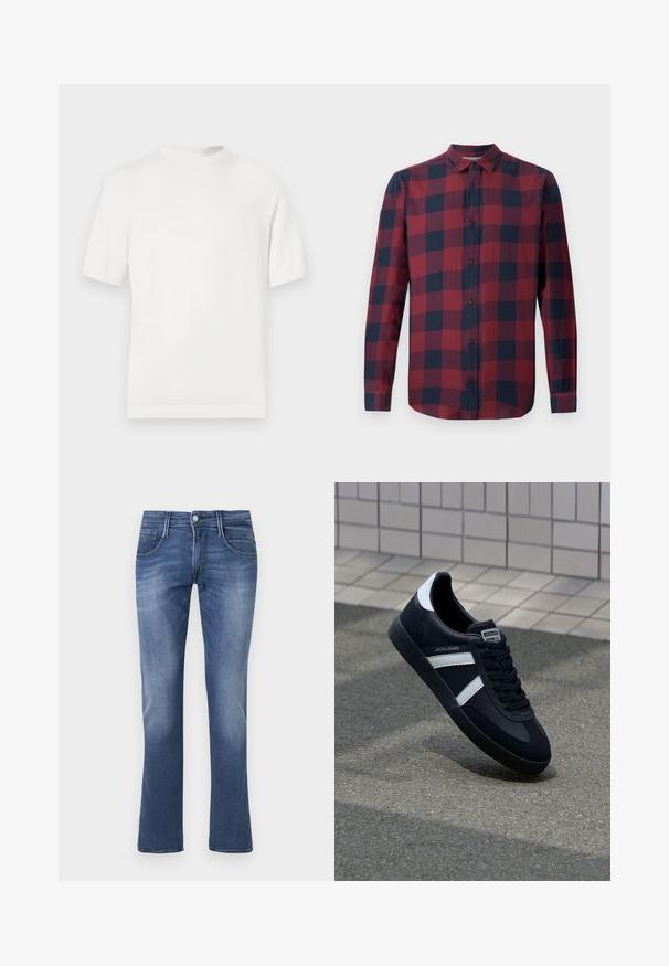 Hvid kortærmet strik t-shirt med rund halsudskæring, der har en glat overflade og ribbede detaljer ved kraven og kanten.; Rød og marineblå plaid langærmet skjorte med nedfoldet krave og mørke knapper. Lavet af letvægtsstof med en glat tekstur.; Blå denim straight-leg jeans med frontknap, lynlås samt for- og baglommer på en hvid baggrund.; Sort lædersneaker med hvide striber, tekstureret gummisål og snørrebånd foran. Har et brandet mærke på tungen.