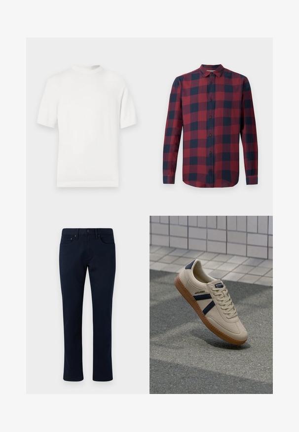T-shirt en tricot blanc à manches courtes avec un col rond, présentant une texture lisse et des accents côtelés au niveau du col et de l'ourlet.; Chemise à manches longues à carreaux rouge et marine avec un col boutonné et des boutons foncés. Fabriquée en tissu léger avec une texture lisse.; Pantalon en denim bleu marine avec une coupe slim, présentant un design classique à cinq poches et des accents de couture subtils. Texture lisse et sans ornements.; Baskets beiges avec une finition texturée, bandes navy et semelle en caoutchouc. Équipées d'une languette rembourrée et d'un système de laçage traditionnel pour un maintien sécurisé.