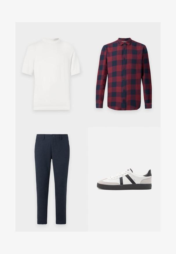 Weißes kurzärmliges Strick-T-Shirt mit rundem Halsausschnitt, das eine glatte Textur und Rippenelemente am Kragen und Saum aufweist.; Rot-kariertes Langarmhemd in Marineblau mit Button-Down-Kragen und dunklen Knöpfen. Hergestellt aus leichtem Stoff mit glatter Textur.; Dunkelblaue Slim-Fit-Hosen mit Gürtelschlaufen, Frontknopf und vorderen Taschen, auf einem weißen Hintergrund präsentiert.; Weiße Sneaker mit schwarz- und grau-aczenten, ausgestattet mit einer strukturierten grauen Zehenkappe, schwarzer Gummi-Sohle und flachen weißen Schnürsenkeln. Sauberes Design, minimalistische Stil.