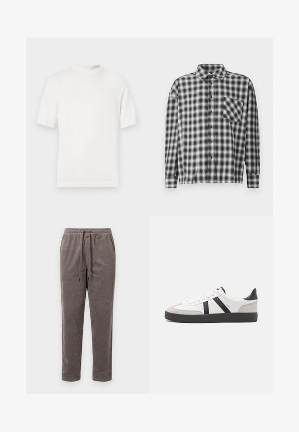 T-shirt en tricot blanc à manches courtes avec un col rond, présentant une texture lisse et des accents côtelés au niveau du col et de l'ourlet.; Chemise à manches longues à carreaux noir et blanc en tissu doux, présentant un devant à boutons et une poche poitrine. Conception à col avec coupe décontractée.; Pantalons en velours côtelé couleur taupe douce, avec une taille élastique munie d'un cordon de serrage et des jambes fuselées avec une texture côtelée verticale.; Baskets blanches avec des accents noirs et gris, présentant un embout texturé gris, une semelle en caoutchouc noir et des lacets plats blancs. Design épuré, style minimaliste.