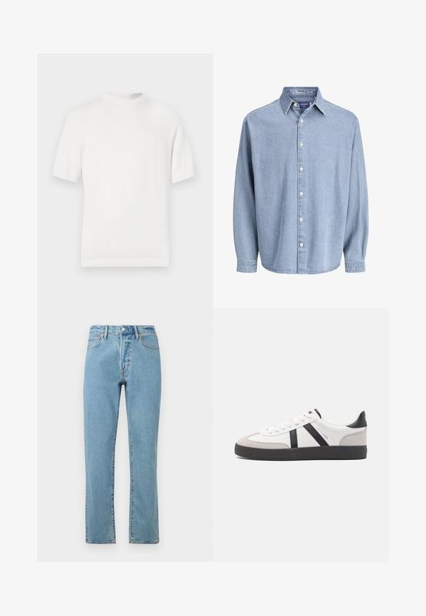 Witte korte mouwen gebreide t-shirt met een ronde halslijn, met een gladde textuur en ribbelaccenten op de kraag en de zoom.; Lichtblauwe denim lange mouw knoophemd met kraag en witte knopen, weergegeven tegen een effen witte achtergrond.; Lichtblauwe denim jeans met een rechte pijp, voorzien van oranje stiksel, een knoopsluiting en een klassieke vijf-pocketontwerp.; Witte sneaker met zwarte en grijze accenten, voorzien van een grijze neus met textuur, zwarte rubberen zool en platte witte veters. Schoon ontwerp, minimalistische stijl.