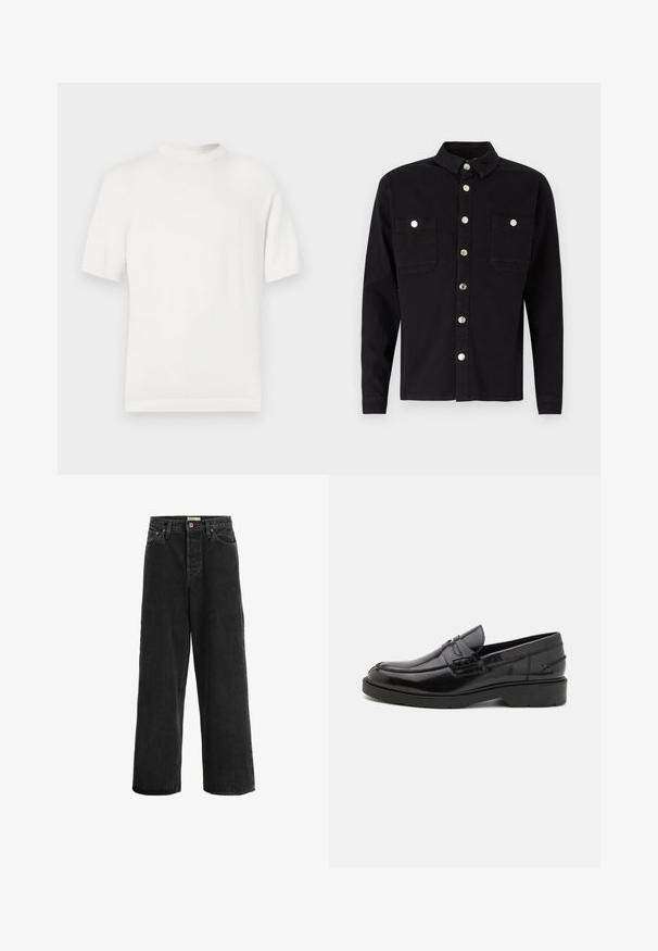 Witte korte mouwen gebreide t-shirt met een ronde halslijn, met een gladde textuur en ribbelaccenten op de kraag en de zoom.; Denim Project DPMDPLOOSE OVERSIZED DENIM SHIRT - Overhemd - black washed; Zwarte wijde jeans gemaakt van denim stof. Heeft een hoge taille, twee voorklepjes, een knoopsluiting en subtiele stikseldetails.; Zwarte leren instappers met een gladde afwerking, ronde neus, lage hak en decoratieve stiksels aan de voorkant. Rubberen buitenzool voor grip.