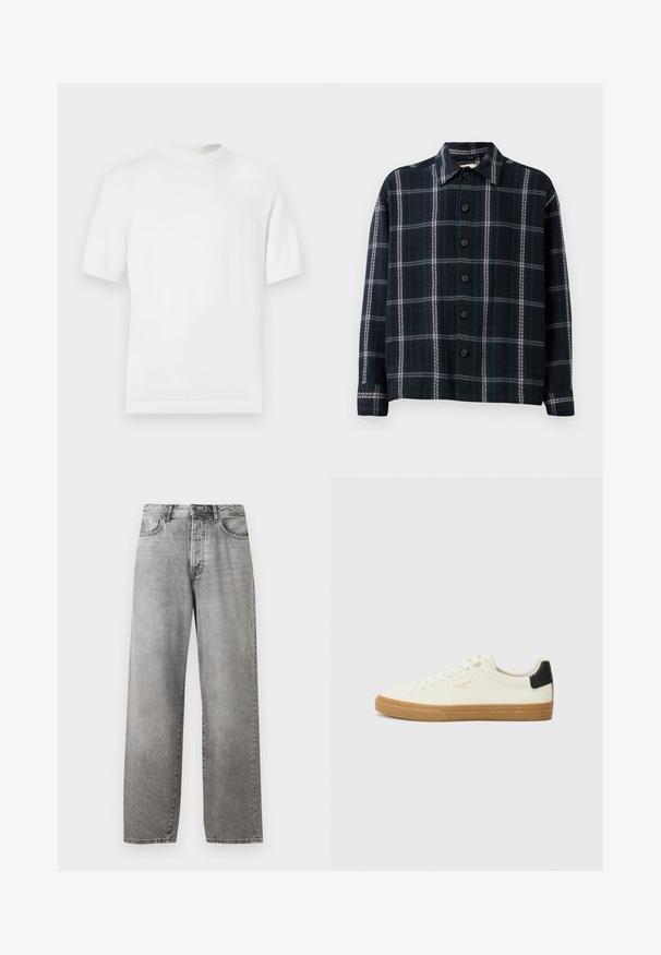 T-shirt en tricot blanc à manches courtes avec un col rond, présentant une texture lisse et des accents côtelés au niveau du col et de l'ourlet.; Chemise à manches longues à carreaux noirs et bleu foncé avec des rayures blanches, devant à boutons et col pointe.; Jeans larges gris en denim. Présente une taille haute, cinq poches et une fermeture par bouton et zip. Légère décoloration sur le tissu.; Sneaker en toile blanche avec une semelle en gomme, accent au talon noir, bout rond et design à lacets. Présente le logo de la marque en doré sur le côté.
