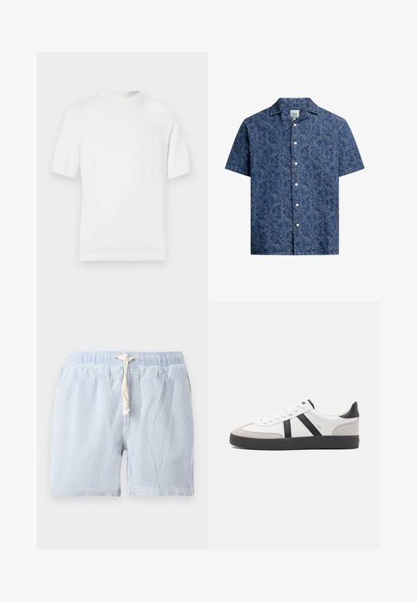 Camiseta de punto blanca de manga corta con cuello redondo, que presenta una textura suave y acentos de canalé en el cuello y el dobladillo.; Camisa de botones de manga corta en tejido azul oscuro texturizado con un patrón sutil y un cuello clásico. Presenta botones blancos en la parte delantera.; Pantalones cortos a rayas de color azul claro, hechos de un tejido suave con cintura elástica y cordón. Con bolsillos laterales y un corte relajado.; Zapatilla blanca con acentos en negro y gris, que presenta una puntera texturizada en gris, suela de goma negra y cordones planos blancos. Diseño limpio, estilo minimalista.