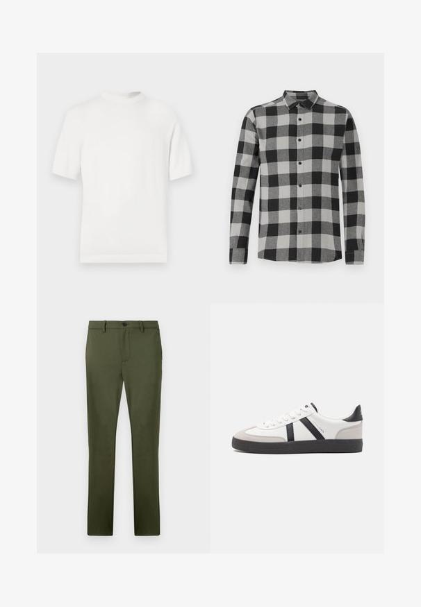 T-shirt en tricot blanc à manches courtes avec un col rond, présentant une texture lisse et des accents côtelés au niveau du col et de l'ourlet.; Chemise à manches longues à carreaux noirs et gris avec une fermeture à boutons sur le devant. Dotée d'un col et de boutons noirs. Fabriquée en tissu doux et texturé.; Pantalon vert olive en tissu lisse, avec une coupe droite, des poches avant et une fermeture à un bouton. Détails de design minimalistes.; Baskets blanches avec des accents noirs et gris, présentant un embout texturé gris, une semelle en caoutchouc noir et des lacets plats blancs. Design épuré, style minimaliste.