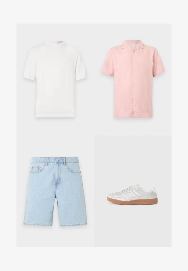 T-shirt en tricot blanc à manches courtes avec un col rond, présentant une texture lisse et des accents côtelés au niveau du col et de l'ourlet.; Chemise rose clair à manches courtes avec col, boutons sur le devant et étiquette GAP à l'intérieur du col.; Short en denim bleu clair avec poches avant, passants de ceinture, bouton en métal et fermeture éclair sur un fond blanc uni.; Baskets argentées avec une texture lisse, un design à lacets, des accents perforés et une semelle en caoutchouc marron texturé.