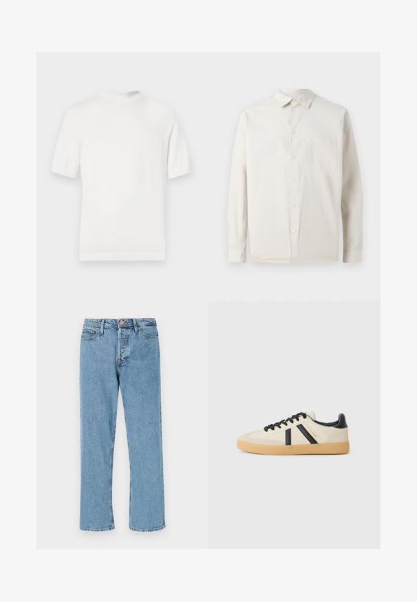 Hvid kortærmet strik t-shirt med rund halsudskæring, der har en glat overflade og ribbede detaljer ved kraven og kanten.; Samsøe Samsøe SADAMON - Skjorter - off white; Lyseblå lige ben denim-jeans med frontknap, lynlåsåbning og fem lomme-design på hvid baggrund.; Casual sneakers i creme med sorte striber, med en tekstureret overdel og sål i gummigummi. Snørebåndene er sorte. Diskret logo på siden.