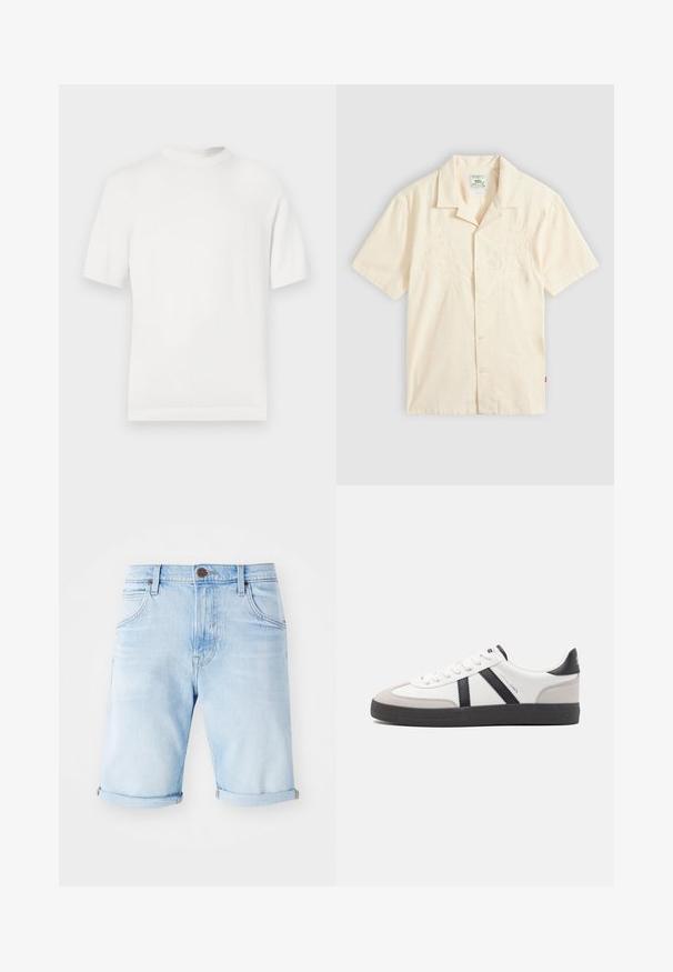 Hvid kortærmet strik t-shirt med rund halsudskæring, der har en glat overflade og ribbede detaljer ved kraven og kanten.; Kortærmet, cremefarvet skjorte med knapper og subtil blomsterbroderi foran samt en camp-krave, lagt fladt på en grå baggrund.; Lyseblå denimshorts med opfoldede kanteder, klassisk fem-lomme design og et bronzefarvet logo-patch på linning. Glat tekstur.; Hvide sneakers med sorte og grå detaljer, med en tekstureret grå tåhætte, sort gummisål og flade hvide snørebånd. Rent design, minimalistisk stil.