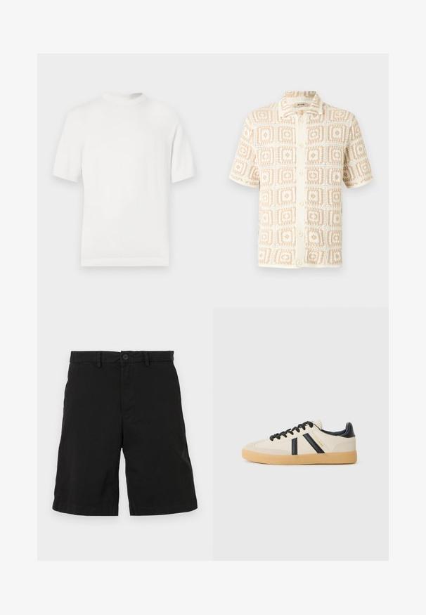 Hvid kortærmet strik t-shirt med rund halsudskæring, der har en glat overflade og ribbede detaljer ved kraven og kanten.; Kortærmet cremefarvet skjorte med beige geometrisk firkantmønster og spids krave.; Sorte shorts lavet af bomuld med flad frontdesign, der har knaplukning og sidelommer, uden synlige mønstre eller dekorationer.; Casual sneakers i creme med sorte striber, med en tekstureret overdel og sål i gummigummi. Snørebåndene er sorte. Diskret logo på siden.