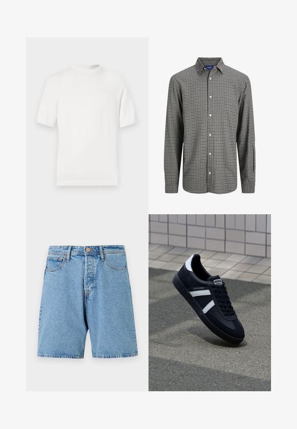 Hvid kortærmet strik t-shirt med rund halsudskæring, der har en glat overflade og ribbede detaljer ved kraven og kanten.; Knappet skjorte med ternet mønster i sort og hvid, der har spidse kraver, lange ærmer og lige kant.; Lyseblå denimshorts med klassisk pasform, fem lommer og kontraststing. Har knaplukning og frynset kant.; Sort lædersneaker med hvide striber, tekstureret gummisål og snørrebånd foran. Har et brandet mærke på tungen.