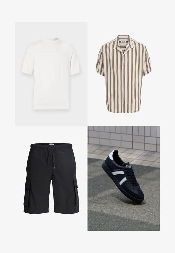T-shirt en tricot blanc à manches courtes avec un col rond, présentant une texture lisse et des accents côtelés au niveau du col et de l'ourlet.; Chemise à manches courtes à boutons avec des rayures verticales beige et marron et un col de style camp, étiquetée JACK & JONES.; Short cargo noir longueur genou avec taille élastique, cordon de serrage et grandes poches à rabat de chaque côté, posé à plat sur un fond blanc.; Sneaker en cuir noir avec des rayures blanches, semelle en caoutchouc texturée et devant à lacets. Présente une étiquette de marque sur la languette.