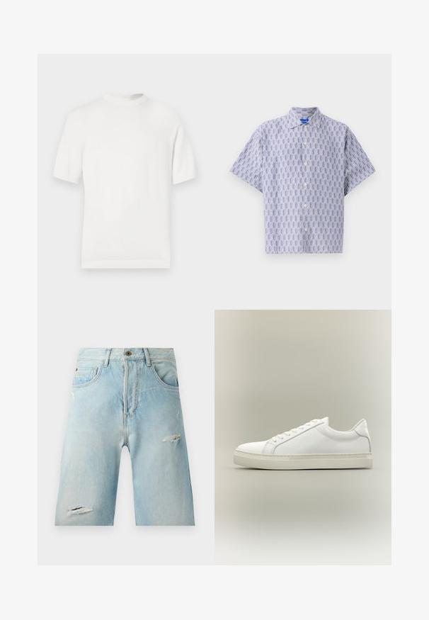 T-shirt en tricot blanc à manches courtes avec un col rond, présentant une texture lisse et des accents côtelés au niveau du col et de l'ourlet.; Chemise à manches courtes boutonnée en bleu clair avec un motif géométrique bleu foncé. Elle présente un col et une coupe décontractée. Fabriquée en tissu léger.; Shorts en denim bleu clair avec une coupe décontractée, présentant des accents déchirés, des poches latérales et une fermeture à un bouton par-dessus.; Baskets blanches basses à lacets sur l’avant et semelle épaisse, vues de côté sur un fond neutre.