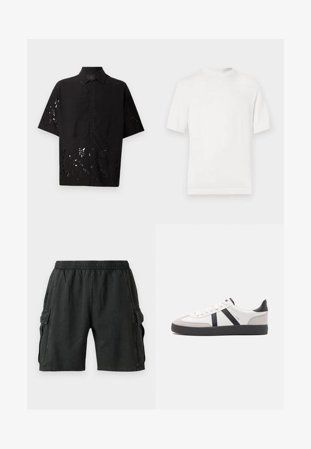 Camiseta de punto blanca de manga corta con cuello redondo, que presenta una textura suave y acentos de canalé en el cuello y el dobladillo.; Camisa negra de manga corta con cuello y un patrón floral recortado en el dobladillo, con cierres de botón en la parte delantera y una textura suave.; Bermudas negras con cinturilla elástica, dos bolsillos laterales y dos bolsillos de carga a los lados. Hechas de una tela suave y ligera.; Zapatilla blanca con acentos en negro y gris, que presenta una puntera texturizada en gris, suela de goma negra y cordones planos blancos. Diseño limpio, estilo minimalista.