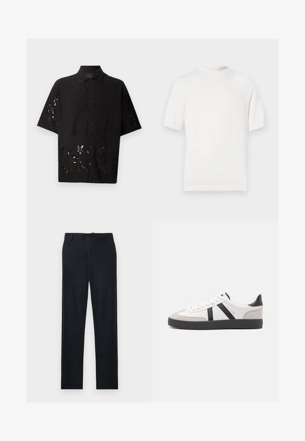 Camiseta de punto blanca de manga corta con cuello redondo, que presenta una textura suave y acentos de canalé en el cuello y el dobladillo.; Camisa negra de manga corta con cuello y un patrón floral recortado en el dobladillo, con cierres de botón en la parte delantera y una textura suave.; Pantalones negros de material ligero, con corte recto, cintura ajustable con cordón y dos bolsillos laterales.; Zapatilla blanca con acentos en negro y gris, que presenta una puntera texturizada en gris, suela de goma negra y cordones planos blancos. Diseño limpio, estilo minimalista.