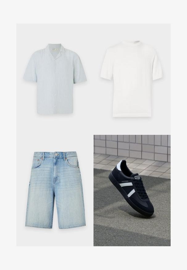 Camiseta de punto blanca de manga corta con cuello redondo, que presenta una textura suave y acentos de canalé en el cuello y el dobladillo.; Camisa de botones de manga corta en rayas azul claras y blancas. Presenta un cuello clásico y un corte relajado en una tela ligera.; Pantalones cortos de mezclilla azul claro con un corte recto, que cuentan con un cierre de botón y cremallera, cinco bolsillos y un acabado ligeramente desgastado.; Zapatilla de cuero negra con rayas blancas, suela de goma texturizada y parte frontal con cordones. Cuenta con una etiqueta de marca en la lengüeta.