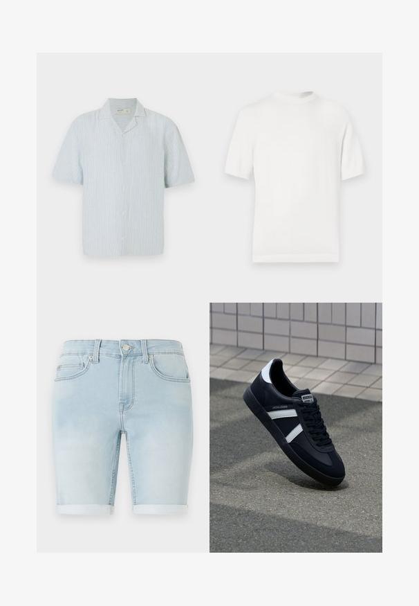 Hvid kortærmet strik t-shirt med rund halsudskæring, der har en glat overflade og ribbede detaljer ved kraven og kanten.; Kortærmet skjorte med knaplukning i lys blå og hvide striber. Har klassisk krave og en afslappet pasform i et let materiale.; Lysblå denimshorts med opretstående kant, klassisk fem-lomme design og frontknaplukning. Glat tekstur med let slid.; Sort lædersneaker med hvide striber, tekstureret gummisål og snørrebånd foran. Har et brandet mærke på tungen.