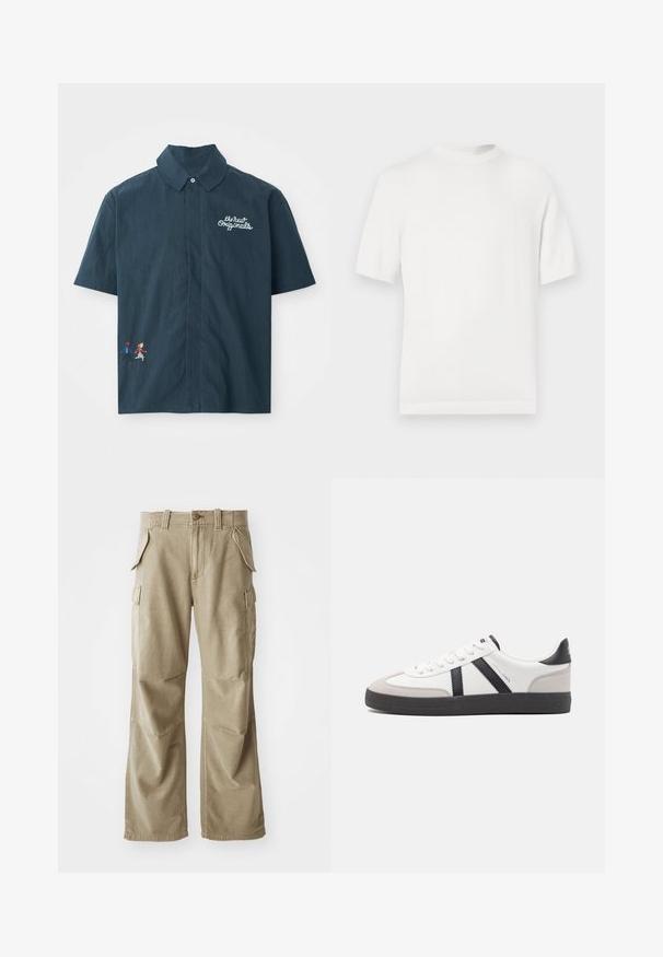 Hvid kortærmet strik t-shirt med rund halsudskæring, der har en glat overflade og ribbede detaljer ved kraven og kanten.; Kortærmet mørkeblå skjorte lavet af bomuldsstof med knap- ned krave. Har hvidt broderet tekst og farverigt pixeliseret par design.; Beige cargo bukser lavet af slidstærkt stof, med en afslappet pasform, flere sidelommer og forstærkede knæ. Flad frontdesign.; Hvide sneakers med sorte og grå detaljer, med en tekstureret grå tåhætte, sort gummisål og flade hvide snørebånd. Rent design, minimalistisk stil.