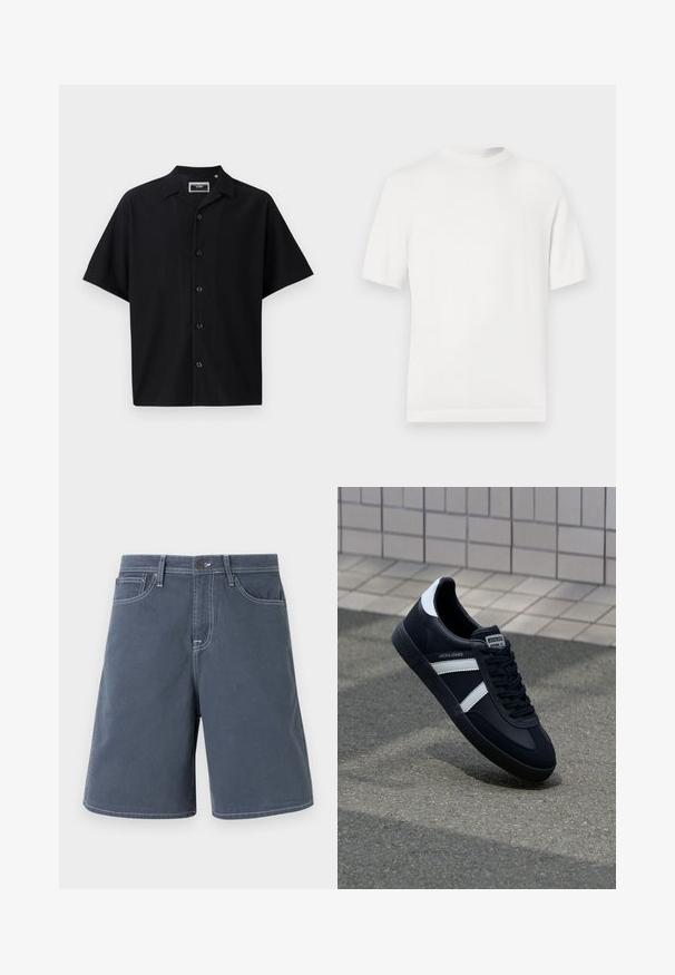 Witte korte mouwen gebreide t-shirt met een ronde halslijn, met een gladde textuur en ribbelaccenten op de kraag en de zoom.; Zwarte kortogige overhemden met een gestructureerd ribbelontwerp, voorzien van een kraag en vijf knopen aan de voorkant, gemaakt van een gladde stof.; Donkerblauwe katoenen shorts met witte stiksels, vijf zakken en een knoopsluiting in de taille. Rechte pijpen, minimale details.; Zwarte leren sneaker met witte strepen, een gestructureerde rubberen zool en vetersluiting aan de voorkant. Voorzien van een merklabel op de tong.