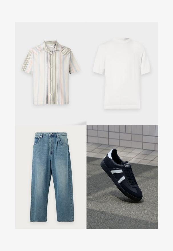 T-shirt en tricot blanc à manches courtes avec un col rond, présentant une texture lisse et des accents côtelés au niveau du col et de l'ourlet.; Chemise à manches courtes en tissu léger avec des rayures verticales dans des couleurs pastel : bleu, vert et rose, dotée d'un col pointu.; Jean en denim bleu clair avec une coupe droite, dotée d'une fermeture à boutons, de deux poches avant et d'une texture classique délavée.; Sneaker en cuir noir avec des rayures blanches, semelle en caoutchouc texturée et devant à lacets. Présente une étiquette de marque sur la languette.