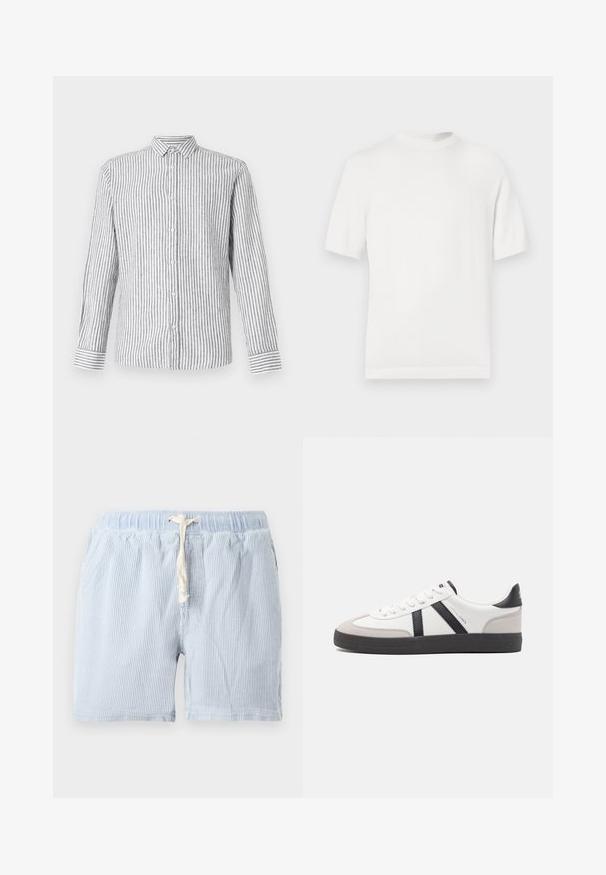 T-shirt en tricot blanc à manches courtes avec un col rond, présentant une texture lisse et des accents côtelés au niveau du col et de l'ourlet.; Chemise à manches longues à boutons de couleur gris clair avec des rayures verticales blanches. Dotée d'un col classique et de poignets avec un motif rayé.; Shorts rayés bleu clair en tissu doux avec une taille élastique et un cordon de serrage. Comprend des poches latérales et une coupe décontractée.; Baskets blanches avec des accents noirs et gris, présentant un embout texturé gris, une semelle en caoutchouc noir et des lacets plats blancs. Design épuré, style minimaliste.