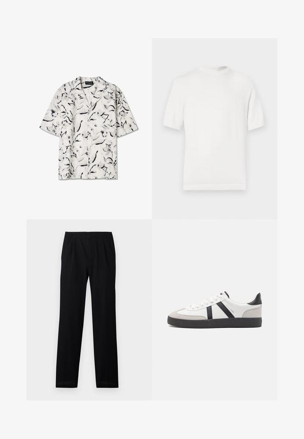 Camiseta de punto blanca de manga corta con cuello redondo, que presenta una textura suave y acentos de canalé en el cuello y el dobladillo.; Camisa de manga corta y cuello abierto con una base blanca y patrones florales en negro y gris. Tejido ligero con detalles de botones.; Pantalones negros con cinturilla elástica, piernas rectas y pliegues sutiles. Textura suave y material ligero. Sin patrones visibles.; Zapatilla blanca con acentos en negro y gris, que presenta una puntera texturizada en gris, suela de goma negra y cordones planos blancos. Diseño limpio, estilo minimalista.