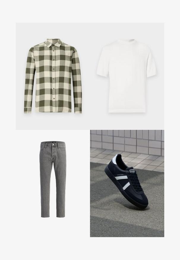 Witte korte mouwen gebreide t-shirt met een ronde halslijn, met een gladde textuur en ribbelaccenten op de kraag en de zoom.; Lange mouwen shirt in een groen en crème checkpatroon, gemaakt van lichte stof, met een button-down kraag en knopen aan de voorkant.; Grijze denim jeans met een rechte snit, vijf-pocket ontwerp en metalen knoopsluiting. De stof heeft een zachte, gestructureerde afwerking.; Zwarte leren sneaker met witte strepen, een gestructureerde rubberen zool en vetersluiting aan de voorkant. Voorzien van een merklabel op de tong.