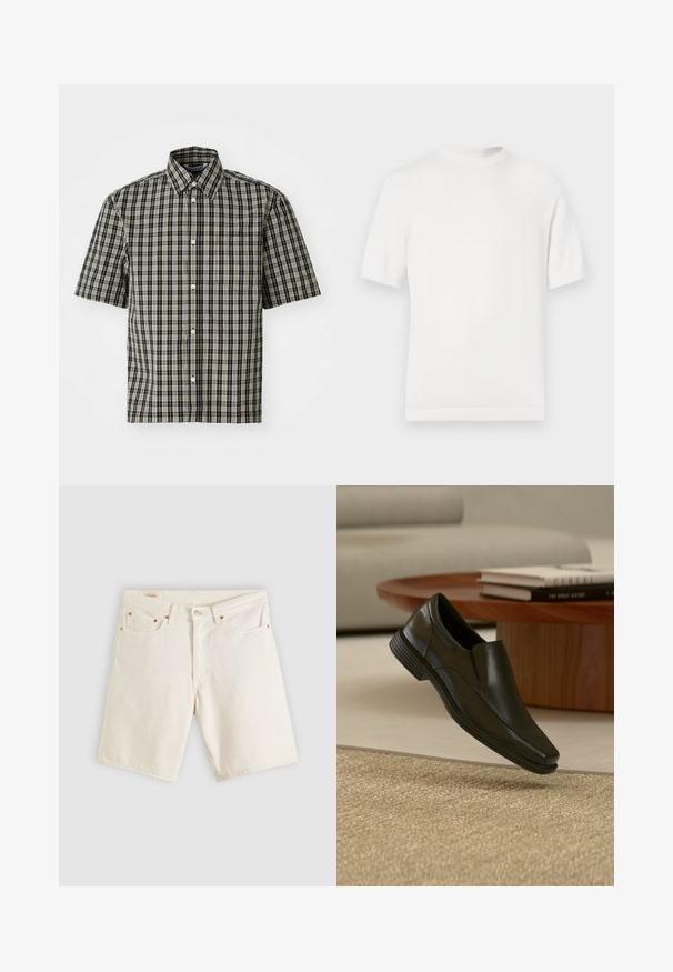 T-shirt en tricot blanc à manches courtes avec un col rond, présentant une texture lisse et des accents côtelés au niveau du col et de l'ourlet.; Chemise à manches courtes en coton à carreaux noirs et beiges, dotée d'un col boutonné et d'une poche sur la poitrine gauche. Motif à carreaux classique sur l'ensemble.; Short en denim blanc avec bouton et fermeture éclair à l'avant, cinq poches et détails de rivets en cuivre, posé à plat sur un fond clair.; Chaussure habillée noire en cuir sans lacets flottant au-dessus d'un tapis beige tissé, avec une table basse ronde en bois et des livres empilés en arrière-plan.