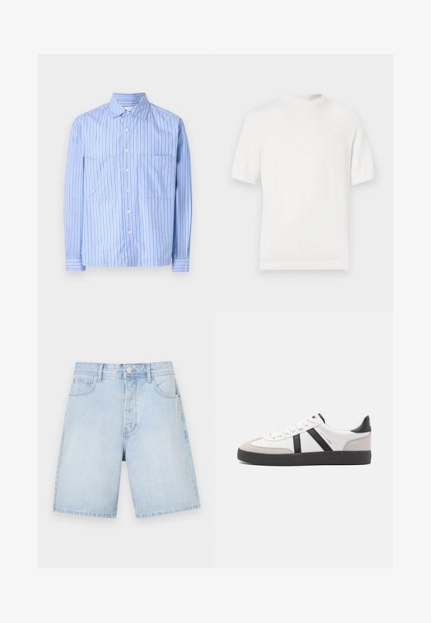Witte korte mouwen gebreide t-shirt met een ronde halslijn, met een gladde textuur en ribbelaccenten op de kraag en de zoom.; Lichtblauw gestreept shirt met lange mouwen, twee voorkruiden, knoopsluiting, en contrasterende dunne strepen. Gemaakt van een katoenmix.; Lichtblauwe denim shorts met een rechte snit, voorzien van voorzakken, een knoopsluiting en casual stiksels. Glad textuur zonder patronen.; Witte sneaker met zwarte en grijze accenten, voorzien van een grijze neus met textuur, zwarte rubberen zool en platte witte veters. Schoon ontwerp, minimalistische stijl.