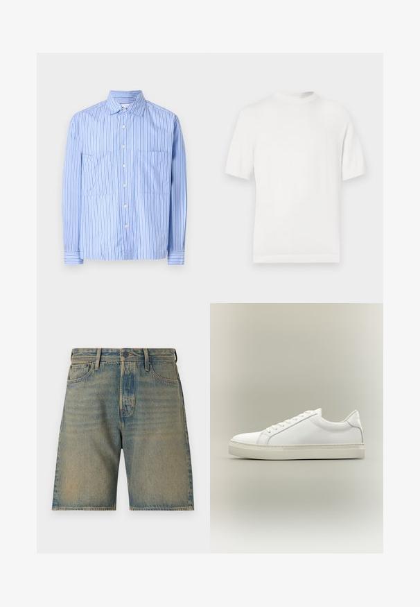 Weißes kurzärmliges Strick-T-Shirt mit rundem Halsausschnitt, das eine glatte Textur und Rippenelemente am Kragen und Saum aufweist.; Hellblau gestreiftes Hemd mit langen Ärmeln, zwei Fronttaschen, Knopfverschluss und kontrastierenden feinen Streifen. Hergestellt aus einem Baumwollmischmaterial.; Denim-Shorts in Hellblau mit einem ausgewaschenen Look. Enthält fünf Taschen, einen Reißverschluss, einen Knopfverschluss und strapazierfähige Nähte entlang der Kanten.; Weißer Sneaker mit niedrigem Schaft, vorn mit Schnürung und dicker Sohle, aus der Seitenansicht vor neutralem Hintergrund.