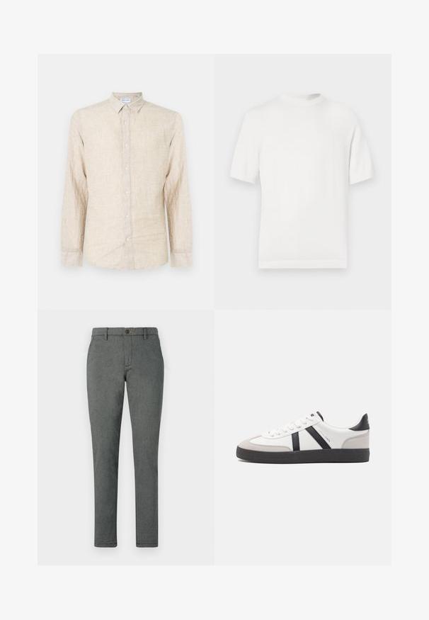 Camiseta de punto blanca de manga corta con cuello redondo, que presenta una textura suave y acentos de canalé en el cuello y el dobladillo.; Camisa de manga larga beige hecha de tela texturizada, con un cuello clásico, cierre de botones y un corte relajado.; Pantalones grises hechos de una tela texturada, con un corte recto, cierre de botón y trabillas para cinturón. Color uniforme sin patrones visibles.; Zapatilla blanca con acentos en negro y gris, que presenta una puntera texturizada en gris, suela de goma negra y cordones planos blancos. Diseño limpio, estilo minimalista.