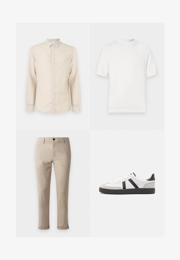 Camiseta de punto blanca de manga corta con cuello redondo, que presenta una textura suave y acentos de canalé en el cuello y el dobladillo.; Camisa de manga larga beige hecha de tela texturizada, con un cuello clásico, cierre de botones y un corte relajado.; Jack & Jones JPSTMARCO FURY NOOS - Pantalones chinos - atmosphere; Zapatilla blanca con acentos en negro y gris, que presenta una puntera texturizada en gris, suela de goma negra y cordones planos blancos. Diseño limpio, estilo minimalista.