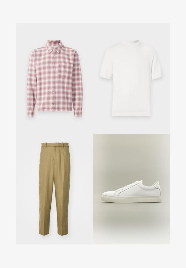 Hvid kortærmet strik t-shirt med rund halsudskæring, der har en glat overflade og ribbede detaljer ved kraven og kanten.; Langærmet plaid skjorte i pink og hvid. Fremstillet af et blødt stof med knap-ned krave, enkelt brystlomme og knaplukninger.; Beige bukser lavet af tekstureret stof, med lige ben-design, bæltestropper og forknyttede folder.; Hvid lavtop sneaker med snørebånd foran og tyk sål, vist fra siden mod en neutral baggrund.