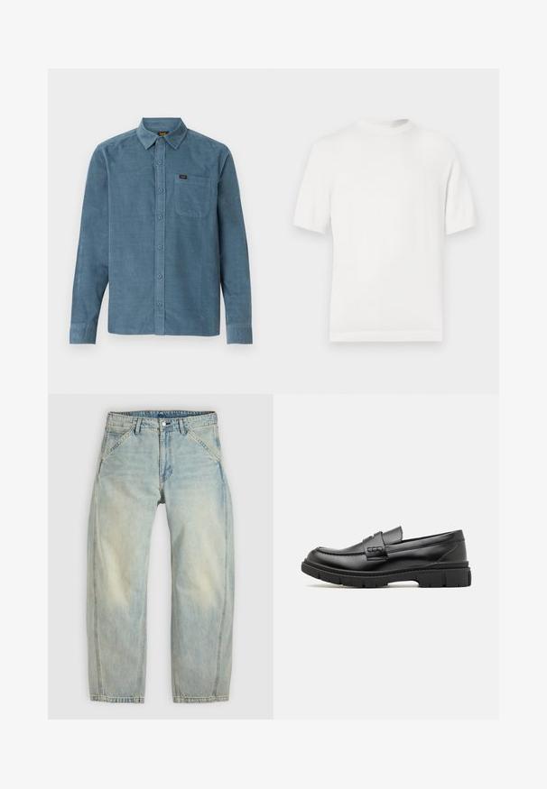 Hvid kortærmet strik t-shirt med rund halsudskæring, der har en glat overflade og ribbede detaljer ved kraven og kanten.; Langærmet skjorte i blå kordfløjl med button-down krave, frontlomme og subtil branding på lommen.; Lys blå jeans med vide ben lavet af denim. Har fem lommer, en knaplukning og falmede områder for et brugt udseende.; Sort læder loafersko med en bred rem over forfoden, gummisål med tykke mønstre og glat overflade. Klassisk, slankt design.