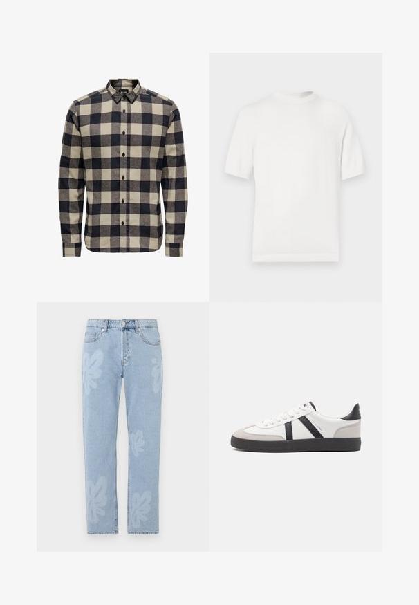 T-shirt en tricot blanc à manches courtes avec un col rond, présentant une texture lisse et des accents côtelés au niveau du col et de l'ourlet.; Chemise en flanelle pour homme en noir et crème, présentant un motif à carreaux classique, un col boutonné et des manches longues avec poignets à boutons.; Jeans en denim bleu clair avec des motifs floraux et une coupe droite. Taille standard avec fermeture à bouton et cinq poches.; Baskets blanches avec des accents noirs et gris, présentant un embout texturé gris, une semelle en caoutchouc noir et des lacets plats blancs. Design épuré, style minimaliste.