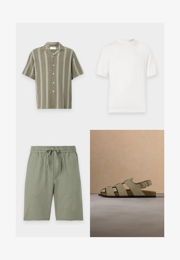 Witte korte mouwen gebreide t-shirt met een ronde halslijn, met een gladde textuur en ribbelaccenten op de kraag en de zoom.; Korte mouwen, olijfgroen shirt met verticale witte strepen en een knoopsluiting aan de voorkant. Gemaakt van gestructureerde stof, met een kraag.; Lichtgroene katoenen short met een elastische tailleband en verstelbaar trekkoord. Heeft zijzakken en een knielange snit.; Beige suède sandaal met drie bandjes, gesp, kurken zool, zwarte profielzool, zwevend boven een beige gevlochten kleed, met een houten salontafel en bank op de achtergrond.